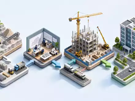 HOCHTIEF AG Wertschöpfungskette DE0006070006 als isometrisches 3D-Diagramm vom Rohstoffabbau bis zum fertigen Gebäude - Foto: THN
