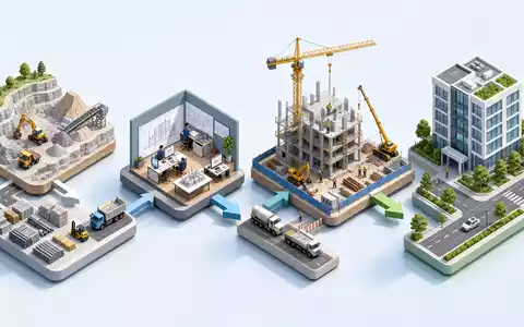 HOCHTIEF AG Wertschöpfungskette DE0006070006 als isometrisches 3D-Diagramm vom Rohstoffabbau bis zum fertigen Gebäude - Foto: THN