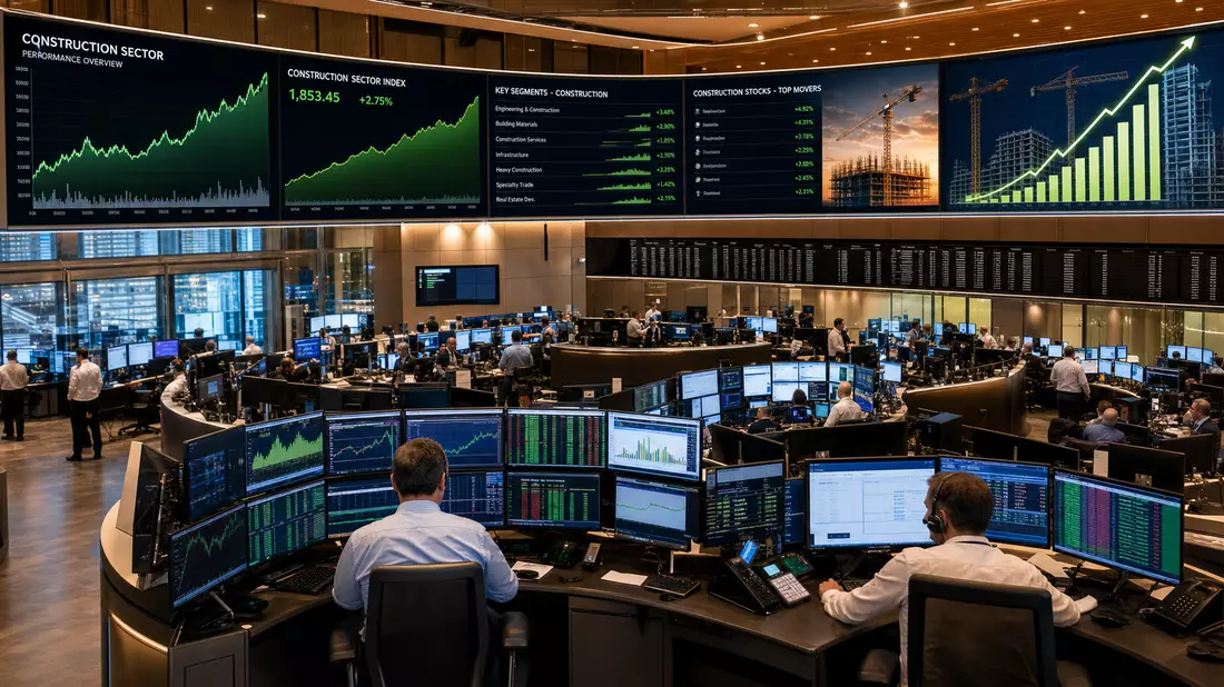 Börsen-Handelsfloor Frankfurt HOCHTIEF AG mit Bausektor-Charts und Händlern