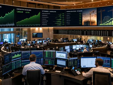 HOCHTIEF AG Börsen-Editorial DE0006070006 zeigt Frankfurter Handelsfloor mit Bausektor-Kursanzeigen Charts und aktiven Händlern - Foto: THN