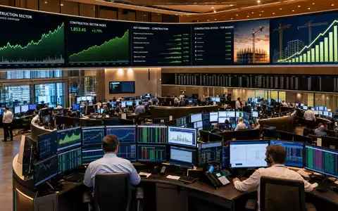 HOCHTIEF AG Börsen-Editorial DE0006070006 zeigt Frankfurter Handelsfloor mit Bausektor-Kursanzeigen Charts und aktiven Händlern - Foto: THN