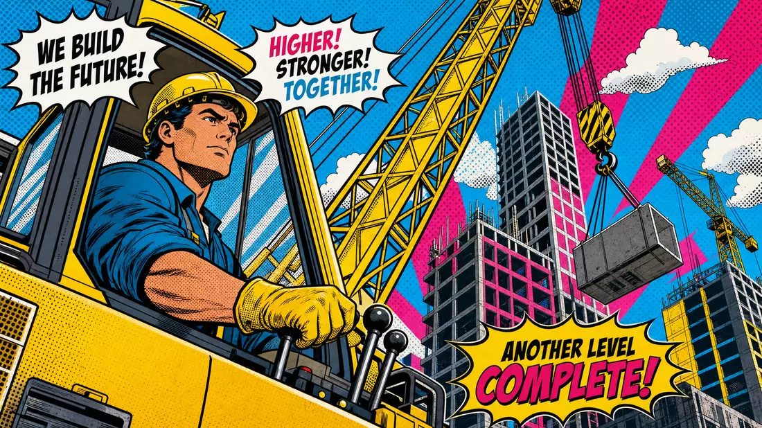 Pop-Art-Comic HOCHTIEF AG Kranfahrer beim Hochhausbau in leuchtenden Primärfarben