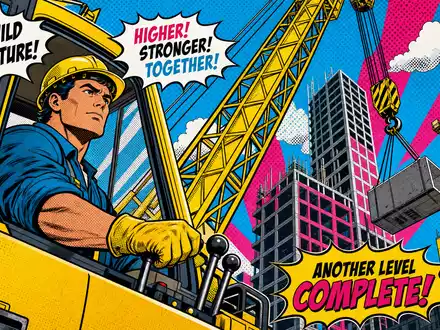 HOCHTIEF AG Pop-Art-Comic DE0006070006 zeigt heroischen Baukran-Fahrer beim Hochhausbau in leuchtenden Halbton-Primärfarben - Foto: THN