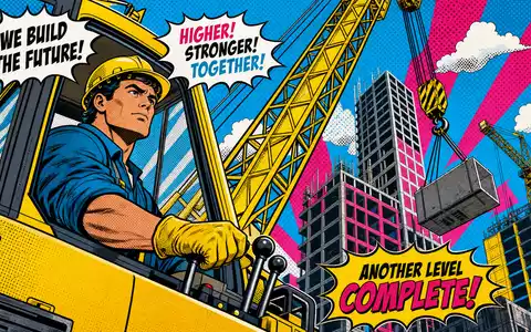 HOCHTIEF AG Pop-Art-Comic DE0006070006 zeigt heroischen Baukran-Fahrer beim Hochhausbau in leuchtenden Halbton-Primärfarben - Foto: THN