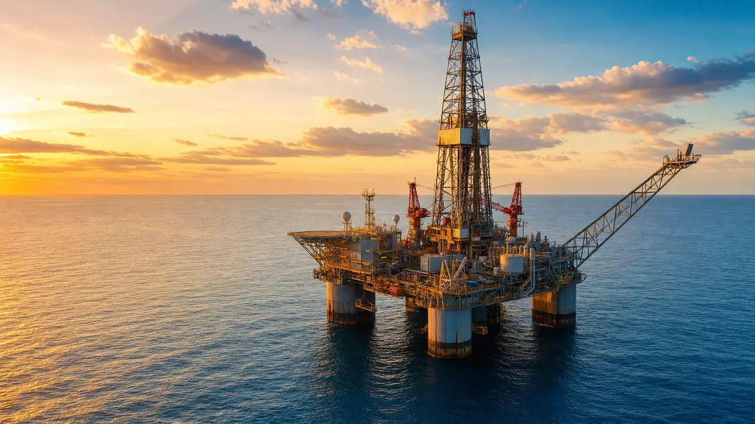 Offshore-Ölplattform von Hess Corporation bei Sonnenuntergang im Golf von Mexiko