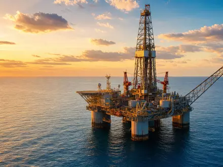 Hess Corporation zeigt eine Offshore-Ölplattform im Golf von Mexiko bei goldenem Sonnenuntergang, ISIN US42809H1077 - Foto: THN