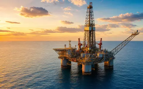 Hess Corporation zeigt eine Offshore-Ölplattform im Golf von Mexiko bei goldenem Sonnenuntergang, ISIN US42809H1077 - Foto: THN