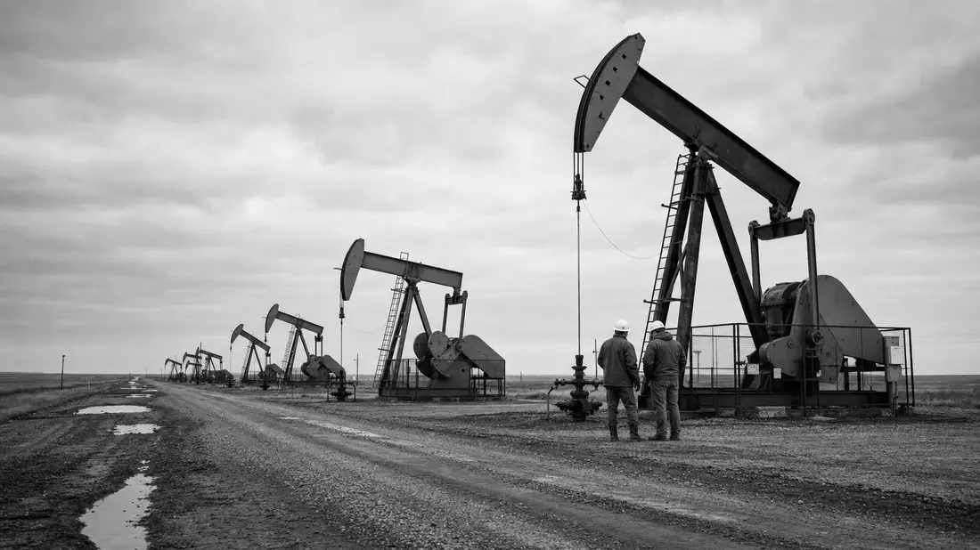 Schwarz-Weiß-Reportage von Ölfeld-Arbeitern an Pumpjacks in North Dakota