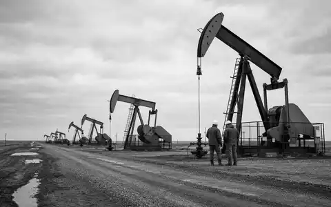 Hess Corporation zeigt Ölfeld-Arbeiter in Schwarzweiß an Pumpjacks in der nordDakota-Prärie, US42809H1077 - Foto: THN