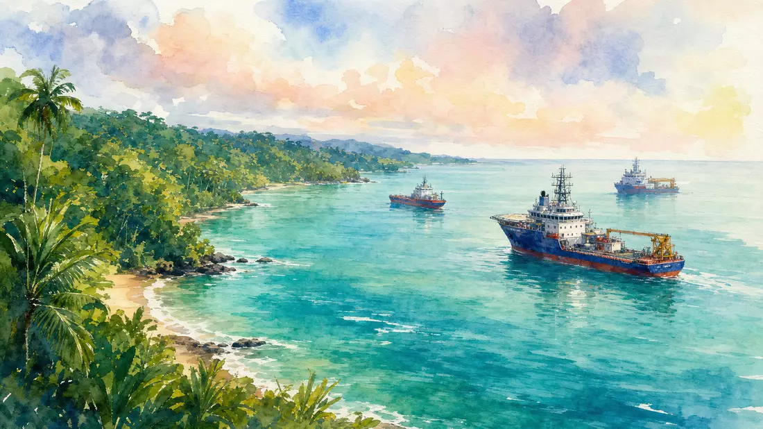 Aquarell der guyanischen Tropenküste mit Offshore-Versorgungsschiffen auf türkisem Meer