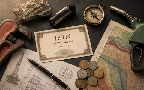 Hess Corporation Flatlay mit ISIN-Karte US42809H1077 und branchentypischen Öl-Gas-Utensilien auf dunklem Schiefer - Foto: THN