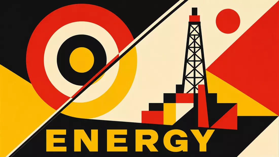 Bauhaus-Poster mit geometrischem Bohrturm-Motiv und dem Wort ENERGY in Primärfarben