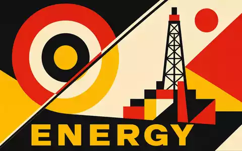 Hess Corporation als Bauhaus-Poster mit geometrischer Bohrturm-Illustration und dem Wort ENERGY, ISIN US42809H1077 - Foto: THN