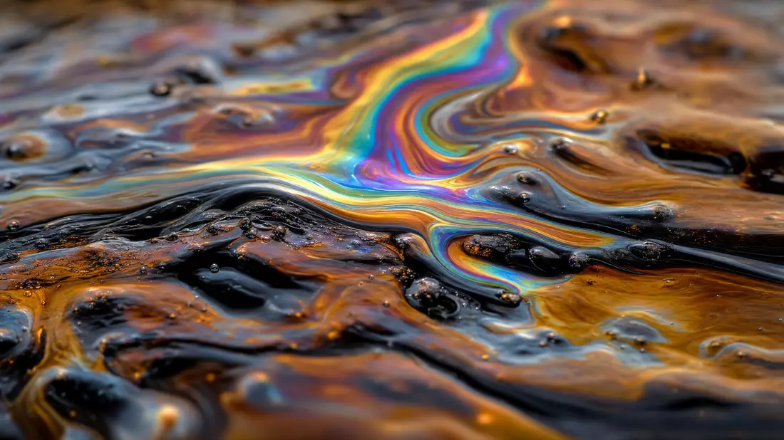 Extreme Makro-Nahaufnahme von irisierendem Rohöl mit Regenbogenfarbschimmer auf dunkler Fläche