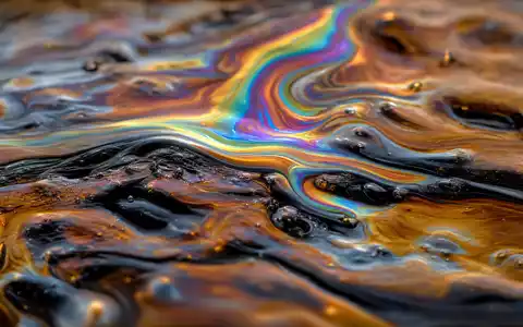 Hess Corporation Makroaufnahme einer irisierenden Rohöloberfläche mit Regenbogenschimmer auf schwarzem Grund, US42809H1077 - Foto: THN