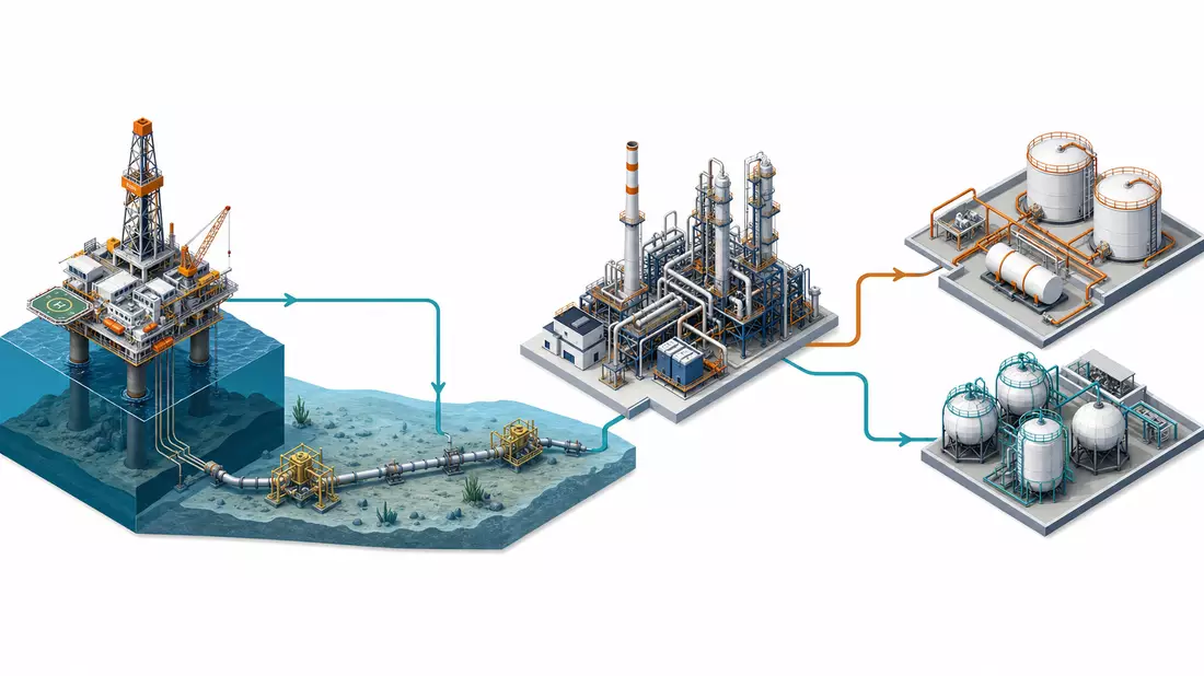 Isometrische 3D-Illustration der Öl-Gas-Wertschöpfungskette von Offshore-Plattform bis Speichertanks