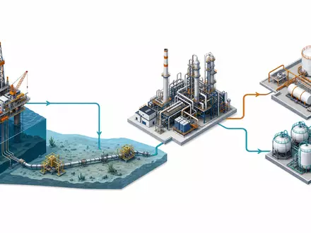 Hess Corporation visualisiert die Öl-Gas-Wertschöpfungskette als isometrische 3D-Illustration von Förderung bis Lagerung, US42809H1077 - Foto: THN