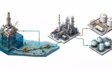Hess Corporation visualisiert die Öl-Gas-Wertschöpfungskette als isometrische 3D-Illustration von Förderung bis Lagerung, US42809H1077 - Foto: THN