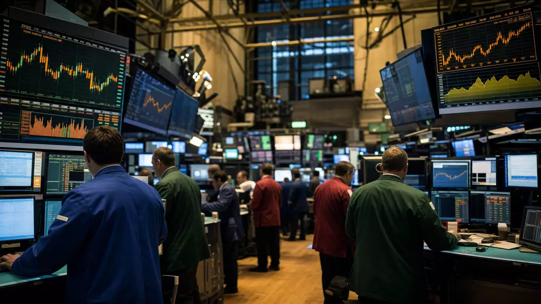 NYSE-Handelssaal mit Händlern in farbigen Jacken und Energiesektor-Charts auf Monitoren