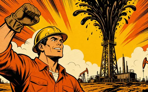 Hess Corporation als Pop-Art-Comic mit triumphierendem Ölarbeiter und sprudelndem Bohrturm im Retro-Stil, US42809H1077 - Foto: THN