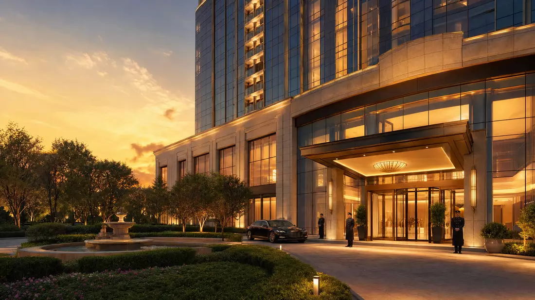Fotorealistisches Hilton Worldwide Luxushotel-Außenansicht bei goldenem Abendlicht