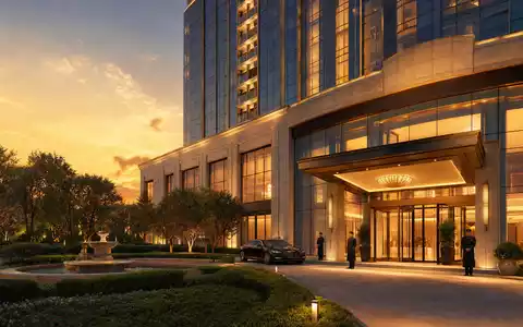 Hilton Worldwide Luxushotel bei Sonnenuntergang, ISIN US43300A2033, Eingang mit Türsteher und gepflegten Gartenanlagen - Foto: THN