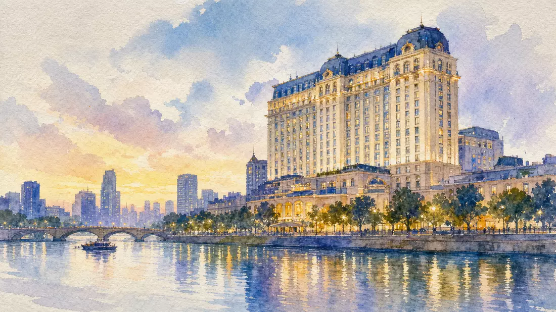 Aquarell-Illustration eines Hilton Worldwide Grand Hotels an einer Stadtküste bei Dämmerung