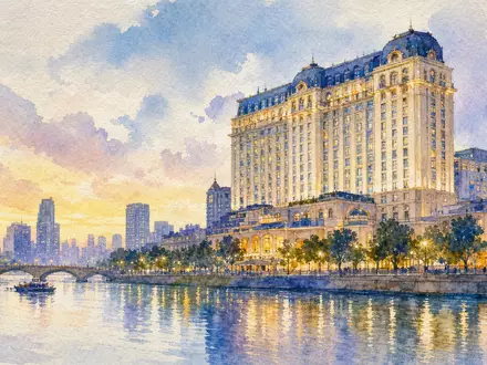 Hilton Worldwide Stadthotel als Aquarell, US43300A2033, Skyline mit Flussreflexion in zarten Pastelltönen gemalt - Foto: THN