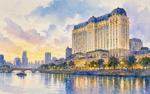 Hilton Worldwide Stadthotel als Aquarell, US43300A2033, Skyline mit Flussreflexion in zarten Pastelltönen gemalt - Foto: THN