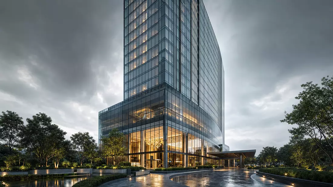 Architektur-CGI-Render eines modernen Hilton Worldwide Glasturms mit Atrium und Grünanlagen