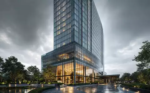 Hilton Worldwide modernes Hochhaus im CGI Render, US43300A2033, Glasfassade mit Atrium und Grünanlagen davor - Foto: THN