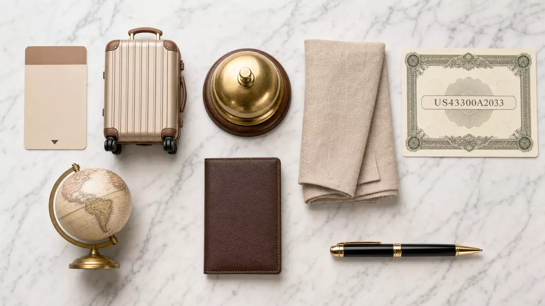 Flatlay-Arrangement mit US43300A2033 Zertifikatkarte, Hotelglocke und Reiseobjekten auf Marmor
