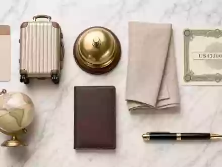 Hilton Worldwide Flatlay mit Aktien Karte US43300A2033, Hotelglocke und Reise Utensilien auf weißem Marmor - Foto: THN