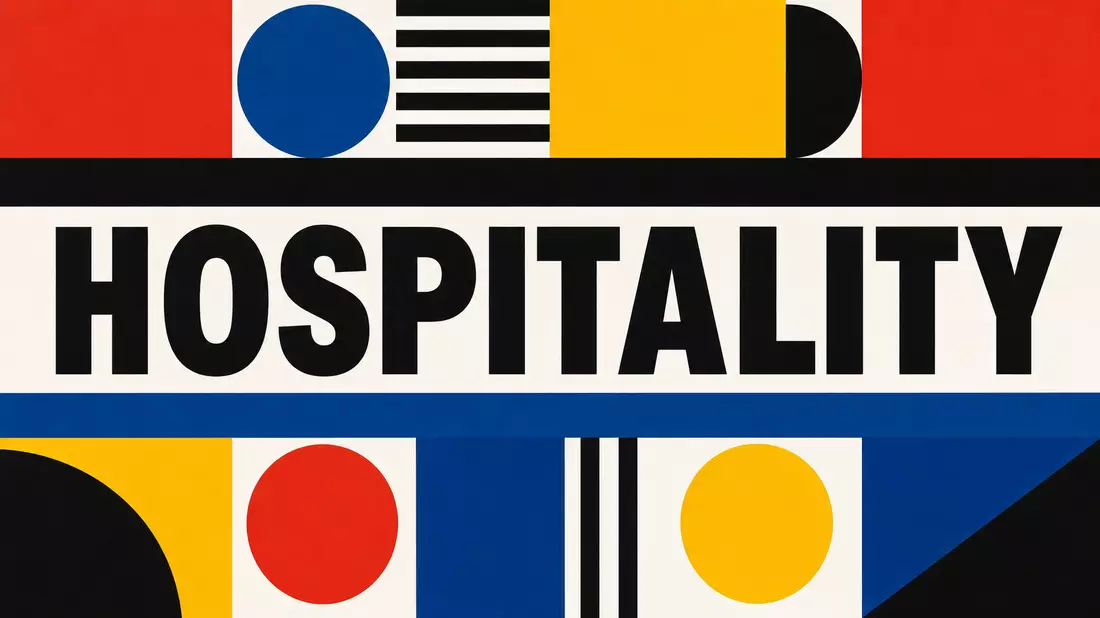 Bauhaus-Poster im Konstruktivismus-Stil mit HOSPITALITY-Schriftzug und geometrischen Formen