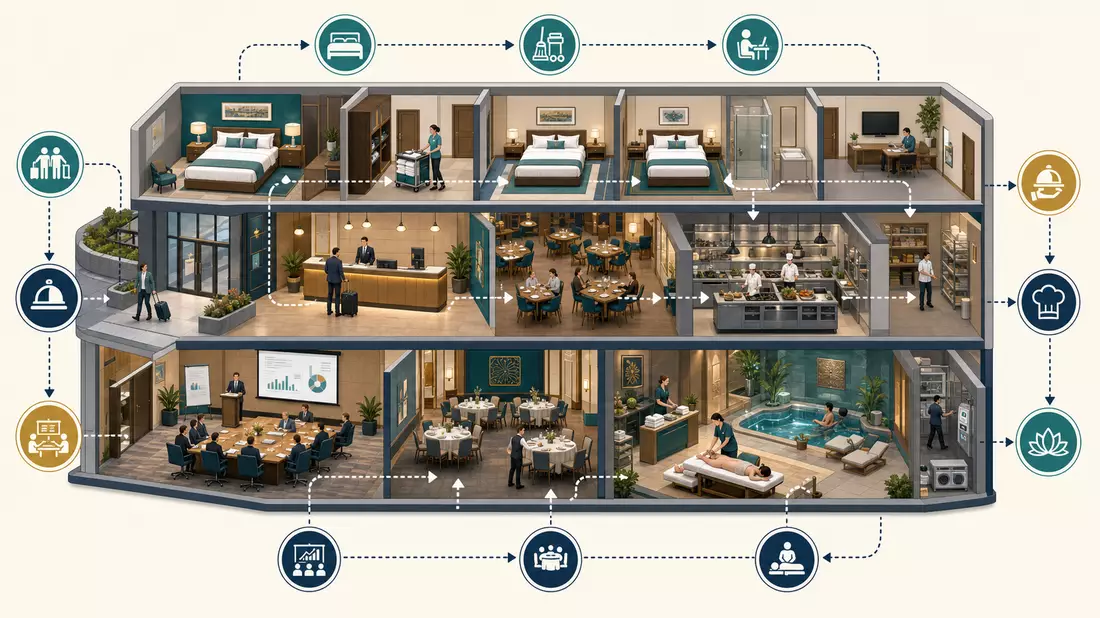 Isometrisches 3D-Diagramm eines Hilton Worldwide Hotels mit Zimmern, Restaurant, Spa und Konferenzräumen