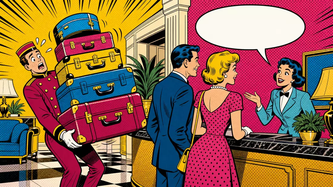Pop-Art-Comic mit Hotelpage, Kofferstapel und Gästen im Retro-Lichtenstein-Stil mit Halbtonpunkten