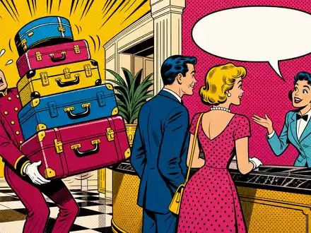 Hilton Worldwide als Pop Art Comic, US43300A2033, Hotelpage mit Koffer und Gäste an der Rezeption - Foto: THN