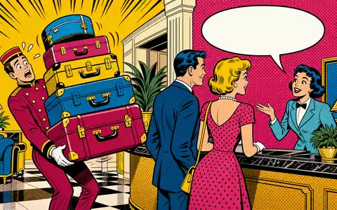 Hilton Worldwide als Pop Art Comic, US43300A2033, Hotelpage mit Koffer und Gäste an der Rezeption - Foto: THN