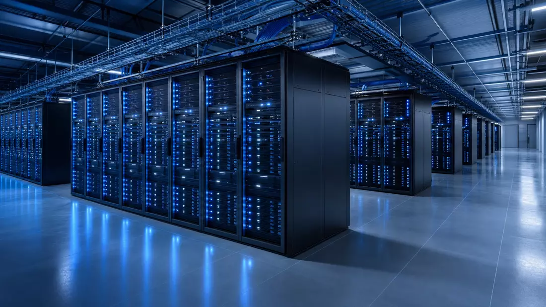 Fotorealistisches Rechenzentrum mit blauen LED-Serverracks, HPE-Aktie US42824C1099