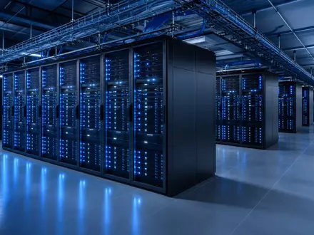 Hewlett Packard Enterprise US42824C1099 zeigt modernes Rechenzentrum mit beleuchteten Serverracks in langen Reihen - Foto: THN