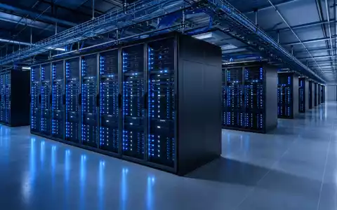 Hewlett Packard Enterprise US42824C1099 zeigt modernes Rechenzentrum mit beleuchteten Serverracks in langen Reihen - Foto: THN
