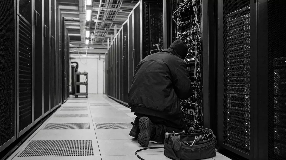 Schwarzweiß-Reportage eines Technikers im Rechenzentrum, Aktie US42824C1099