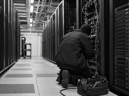 Hewlett Packard Enterprise US42824C1099 Reportage: Techniker arbeitet dokumentarisch an Serverracks in Schwarz-Weiß - Foto: THN
