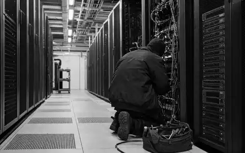 Hewlett Packard Enterprise US42824C1099 Reportage: Techniker arbeitet dokumentarisch an Serverracks in Schwarz-Weiß - Foto: THN