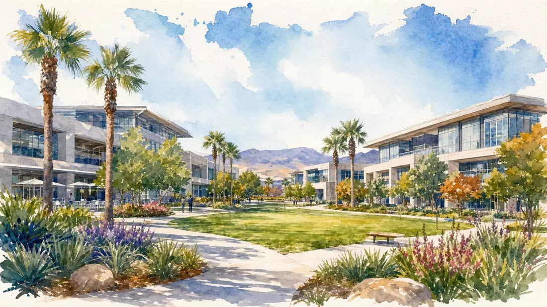 Aquarell-Illustration eines Tech-Campus mit Palmen, Hewlett Packard Enterprise US42824C1099