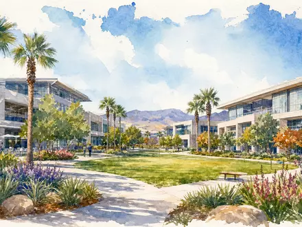 Hewlett Packard Enterprise US42824C1099 als Aquarell eines modernen Tech-Campus in Süd-Kalifornien mit Palmen - Foto: THN
