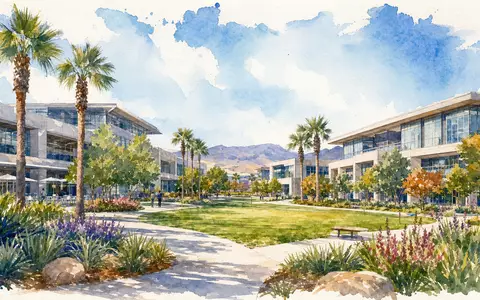 Hewlett Packard Enterprise US42824C1099 als Aquarell eines modernen Tech-Campus in Süd-Kalifornien mit Palmen - Foto: THN