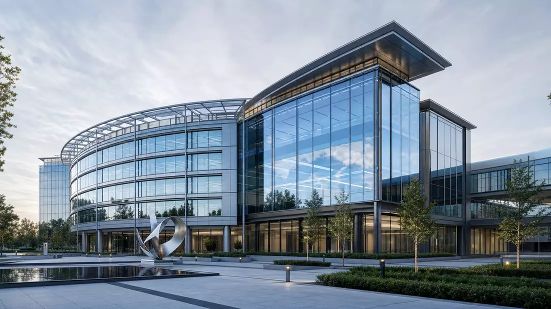 Architektur-Render eines modernen Glasgebäudes mit Skulptur, HPE US42824C1099