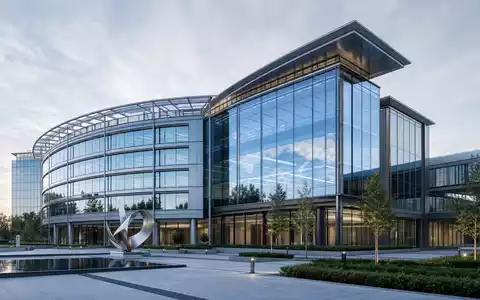 Hewlett Packard Enterprise US42824C1099 im Architektur-Render: modernes gläsernes Firmengebäude mit Metallstruktur und Skulptur - Foto: THN