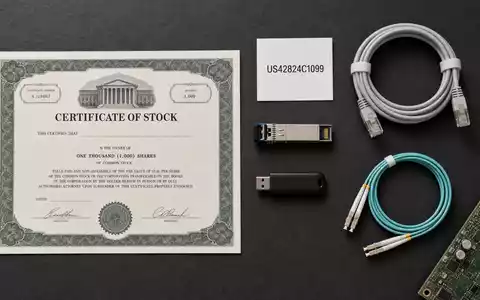 Hewlett Packard Enterprise US42824C1099 Flatlay mit Aktienzertifikat, ISIN-Karte und Netzwerkkomponenten auf schwarzem Schiefer - Foto: THN